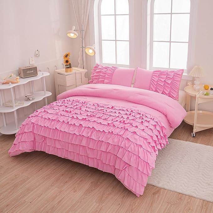 MWMWMW Full Size Comforter Set for Girls Kids, 3Pcs Pink Comforter Set Full, Blush Pink Princess Bedding, Vintage Soft Boho Chic Bedding for All Season