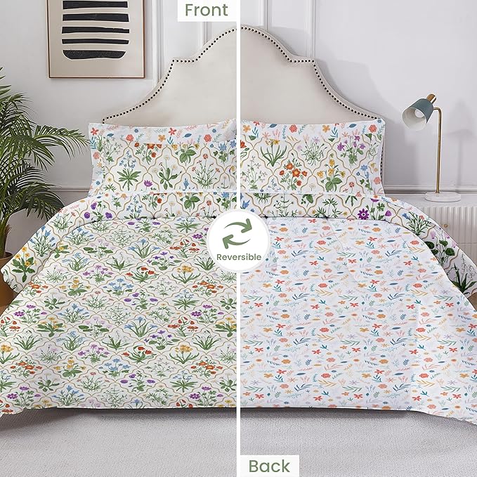 Floral Queen Comforter Set with Sheets, 7 Piece Luxury Vintage Bedding, Soft Microfiber Bed in a Bag, Cozy Lightweight Bed Set, Green Patchwork Flower Leaf