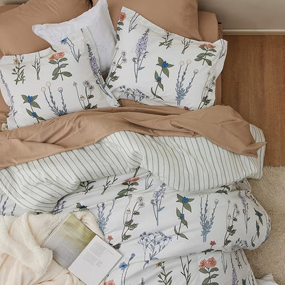 Bedsure Comforter Set Full Size - Cute Floral Bedding Comforter Set, 3 Pieces, 1 Soft Reversible Coconut White Botanical Flowers Comforter and Pillow Shams
