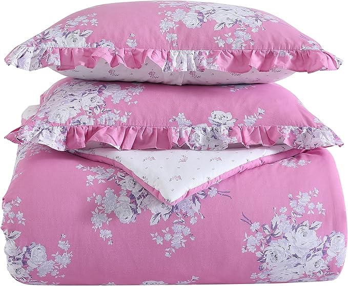 Shabby Chic® - Queen 3-Piece Comforter Set, Reversible Cotton Bedding with Matching Shams, Elegant Floral Home Decor for All Seasons (Brynn Pink, Queen)