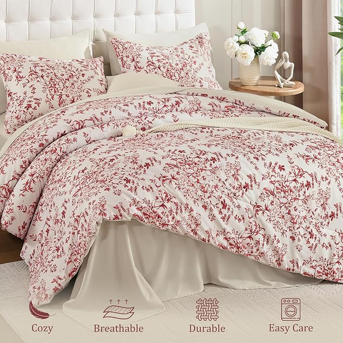 WONGS BEDDING Floral King Size Comforter Set, 8 Pieces Christmas Red Flower Botanical Comforter for All Seasons, Bed in a Bag Elegant Plants Bedding Sets (90"x104")