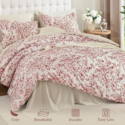 WONGS BEDDING Floral King Size Comforter Set, 8 Pieces Christmas Red Flower Botanical Comforter for All Seasons, Bed in a Bag Elegant Plants Bedding Sets (90"x104")