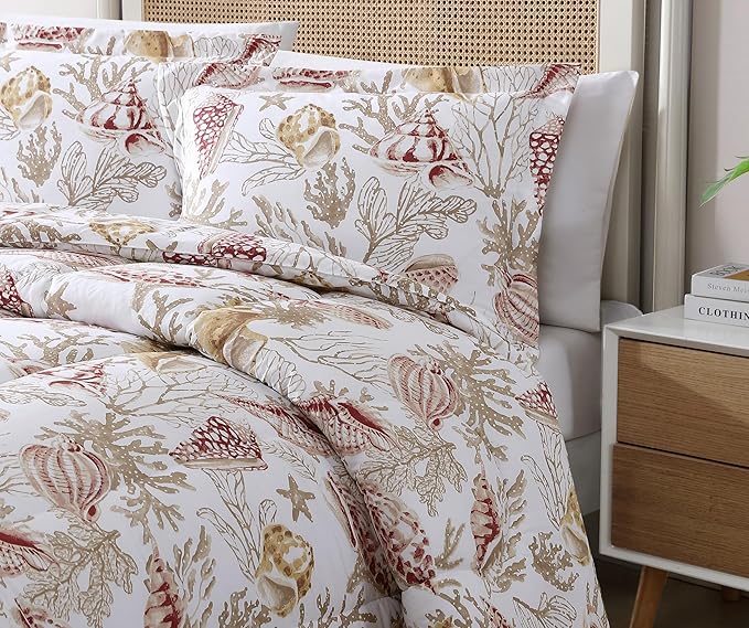 Caribbean Joe Full/Queen 3-Piece Comforter Set, Tropical Coastal Beach Design Bedding, Shells at Sunrise