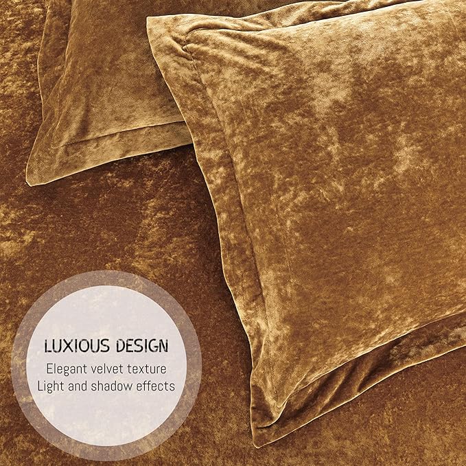 Luxury Velvet Queen Size Comforter Set, 3 Pieces Reversible Brushed Solid Microfiber Back, All Season Cozy, Soft, Warm(Caramel Gold,90x90 in)