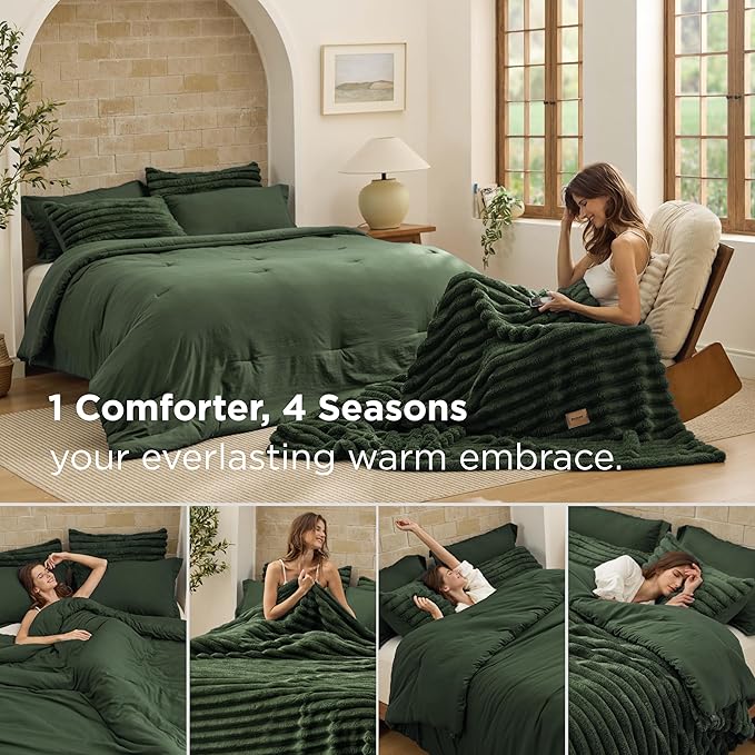 Bedsure Gentlesoft™ 2-in-1 Queen Comforter Set and Detachable Fluffy Blanket, Olive Green Bedding Set for All Season Use, SnapTech™ Design for Space Saving (Includes 2 Pillow Shams, 2 Pillowcases)