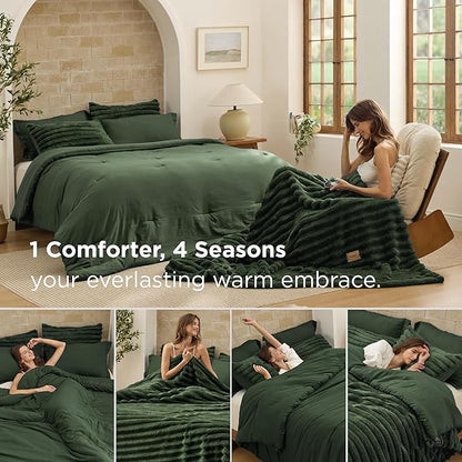 Bedsure Gentlesoft™ 2-in-1 Queen Comforter Set and Detachable Fluffy Blanket, Olive Green Bedding Set for All Season Use, SnapTech™ Design for Space Saving (Includes 2 Pillow Shams, 2 Pillowcases)