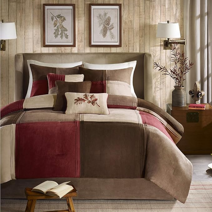 Madison Park Cozy Comforter Set Casual Blocks Design All Season, Matching Bed Skirt, Decorative Pillows, Queen(90"x90"), Red Brown, 7 Piece