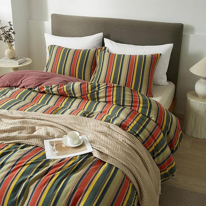 mixinni Full Size Comforter Set 3 Pieces, Vintage Colorful Striped Washed Cotton Reversible Comforter with 2 Pillowcases, All Season Lightweight Bedding for Women & Men, Retro Mid-Century Style