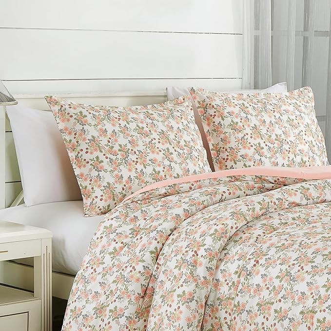 Chezmoi Collection Winika 3-Piece Floral Comforter Set King - Multicolor Pink Red Green Gray Floral Flowers Printed Microfiber Lightweight Bedding Set for All Season