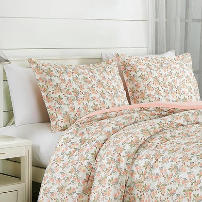 Chezmoi Collection Winika 3-Piece Floral Comforter Set Full - Multicolor Pink Red Green Gray Floral Flowers Printed Microfiber Lightweight Bedding Set for All Season