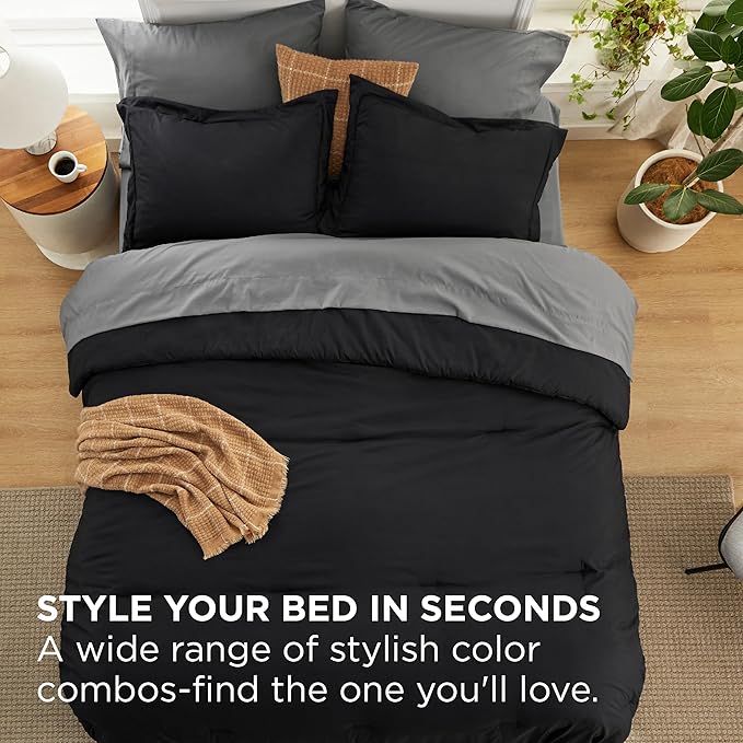 Bedsure Queen Comforter Set - 7 Pieces Black Queen Bedding Set for All Seasons, Boho Contrasting Design Bed in a Bag with Comforter, Sheets, Pillowcases & Shams