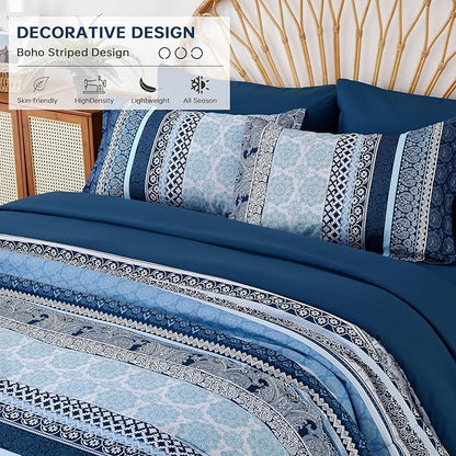 Boho Comforter Set King Size,8 Pieces Navy Blue Bohemian Striped Bed in a Bag,Paisley Soft Microfiber Bedding Comforter Set