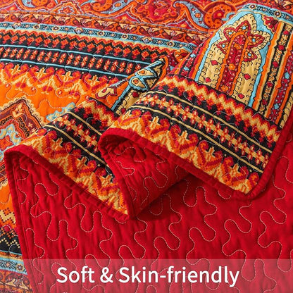 BEDIFANY Cotton Twin Size Bedspreads Set - Lightweight Boho Quilts Twin Size (68 * 86 Inch) - Colorful Orange Quilted Stripe Quilt Bedding Sets with Pillow Sham for Decorations Coverlet, 2 Pieces