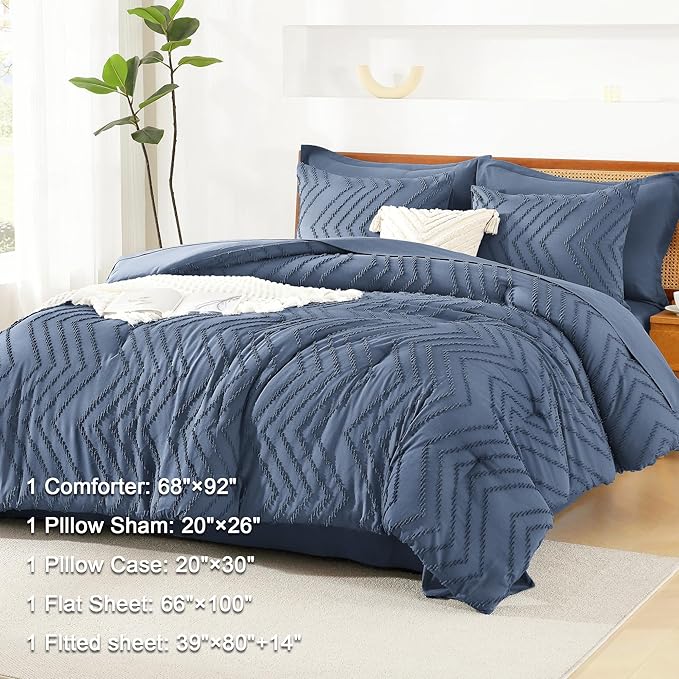 Litanika Twin XL Comforter Set Ocean Blue - Boho Tufted Shabby Chic Bed in a Bag for College Dorm, 5 Pieces Fluffy Soft Farmhouse Bed Set for All Seasons