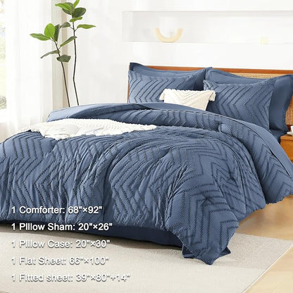Litanika Twin XL Comforter Set Ocean Blue - Boho Tufted Shabby Chic Bed in a Bag for College Dorm, 5 Pieces Fluffy Soft Farmhouse Bed Set for All Seasons