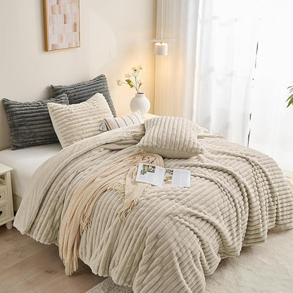 Simple&Opulence Fluffy Faux Fur Comforter Set, Plush Fuzzy Minky Bedding Set, 3 Pieces Warm Soft Comforter Bedding Set for Winter - 1 Shaggy Comforter with 2 Pillow Shams(King, Striped - Khaki)