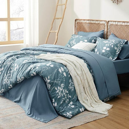 Bedsure King Size Comforter Set - 7 Pieces Floral Mineral Blue Soft Bedding Sets, King Bed in a Bag with Botanical Flowers Comforter, Sheets, Pillowcases & Shams