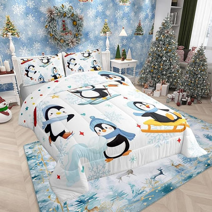 Cute Cartoon Skiing Penguin Boys Girls Comforter Set,Merry Christmas Theme Duvet Set for Room Decor,Winter Snowflake New Year Brushed Microfiber Soft Quilt Cover,Full