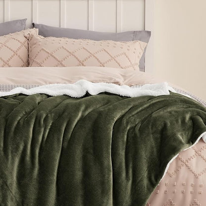 Bedsure GentleSoft Sherpa Fleece Throw Blanket Twin Size for Couch - Thick and Warm Throw for Women and Men, Soft Fuzzy Plush Twin Blanket for Winter, Non-Heated, Olive Green, 60x80 Inches
