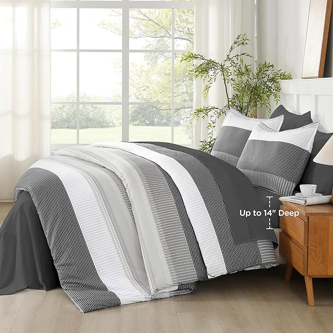 Andency Queen Comforter Set Dark Grey - 7 Pieces Grey Striped Lightweight Bed in a Bag, Soft Microfiber Reversible Bedding Set with Comforter, Fitted & Flat Sheet, Pillowcases & Shams
