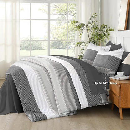 Andency Queen Comforter Set Dark Grey - 7 Pieces Grey Striped Lightweight Bed in a Bag, Soft Microfiber Reversible Bedding Set with Comforter, Fitted & Flat Sheet, Pillowcases & Shams
