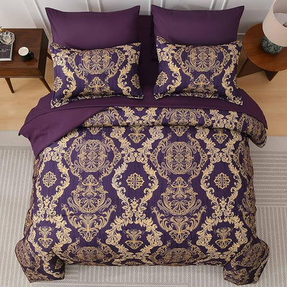 WONGS BEDDING Purple Comforter Set Queen Size,Damask Texture 7 Pieces Bed in a Bag Microfiber Comforter Bedding Sets -1 Comforter, 1 Flat Sheet, 1 Fitted Sheet, 2 Pillow Shams, 2 Pillowcases