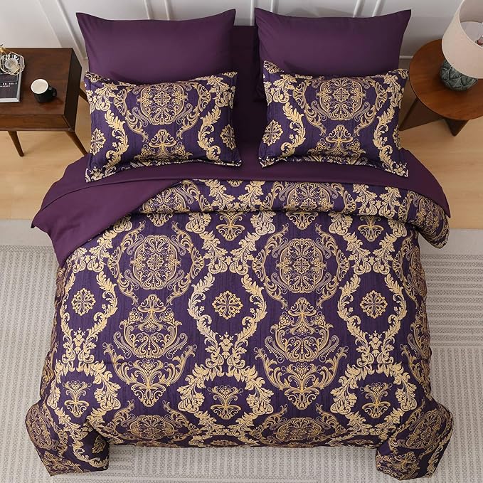 WONGS BEDDING Purple Comforter Set Queen Size,Damask Texture 7 Pieces Bed in a Bag Microfiber Comforter Bedding Sets -1 Comforter, 1 Flat Sheet, 1 Fitted Sheet, 2 Pillow Shams, 2 Pillowcases