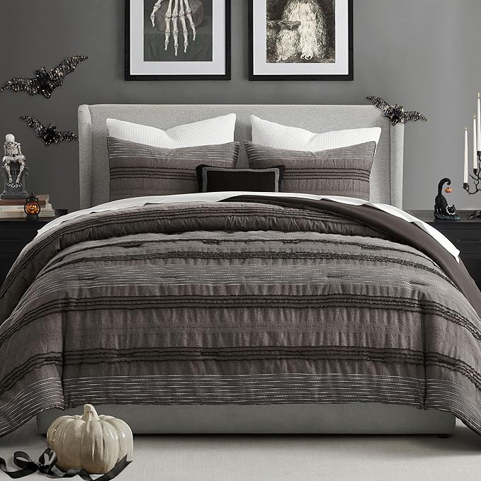 Wonderful Dark Grey Comforter Set Queen Size, Yarn Dyed Farmhouse Striped Cotton Lightweight Boho Comforter with Pillow Shams, Halloween Bedding, Fluffy Bedding Set for All Season