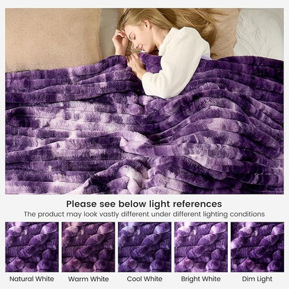 Cozy Bliss Faux Fur Throw Blanket for Couch, Cozy Warm Plush Striped Blanket for Sofa Bedroom Living Room, 108 * 90 Inches Tie-dye Purple