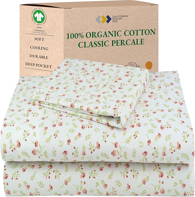 California Design Den Twin XL Floral Bed Sheet, 100% Organic Cotton Percale Sheets, Deep Pocket Twin XL Sheets & Pillowcase Set - Floral
