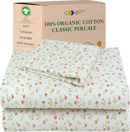 California Design Den Twin XL Floral Bed Sheet, 100% Organic Cotton Percale Sheets, Deep Pocket Twin XL Sheets & Pillowcase Set - Floral
