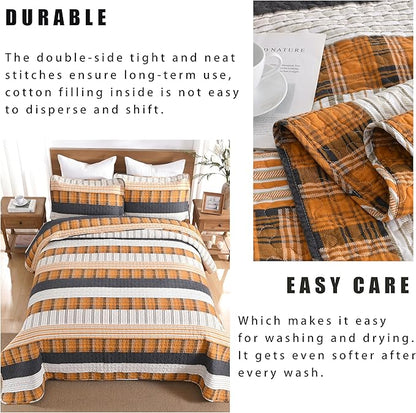Homzard Queen Size Bedding Set，100% Cotton Quilts Queen Size，Orange Black Tan Bedspread Set，Plaid Striped Bedding Comforter Set，Lightweight Reversible Bed Set 3 Pieces