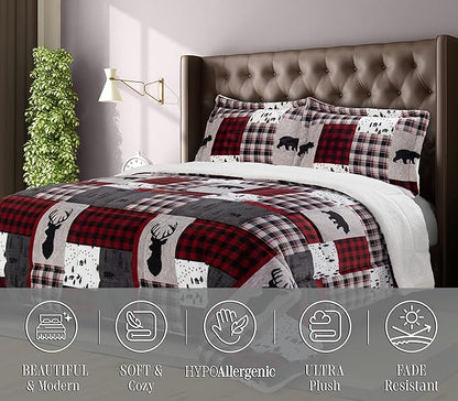 Elegant Comfort 3-Piece Winter Lodge-Patch Sherpa Comforter Soft, Cozy and Durable Quality, Heavy Weight Reversible Down Alternative Micro-Suede, Patch Sherpa Comforter, King
