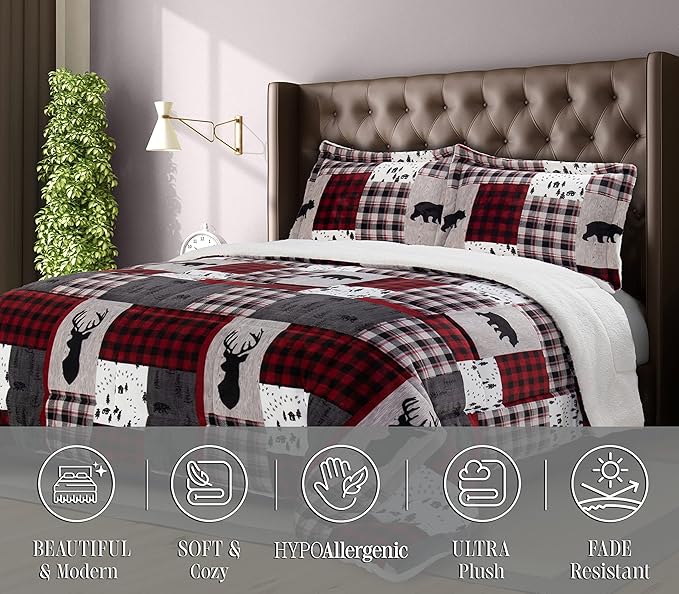 Elegant Comfort 3-Piece Winter Lodge-Patch Sherpa Comforter Soft, Cozy and Durable Quality, Heavy Weight Reversible Down Alternative Micro-Suede, Patch Sherpa Comforter, Queen