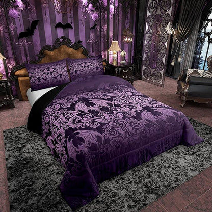 Feelyou Gothic Damask Print Comforter Set King Size Purple Goth Bat Victorian Floral Bedding Set for KidsBoho Bohemian Exotic Duvet Quilt Bedroom Decor Microfiber 3 Pcs with 2 Pillow Cases