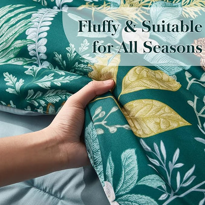 King Comforter Set - 3 Pieces Botanical Bedding Comforter Set, 1 Soft Dark Green Plant Flowers Comforter (104"x90") and 2 Pillow Shams(20"x36") Ultra-Soft Comfort Suitable for All Seasons