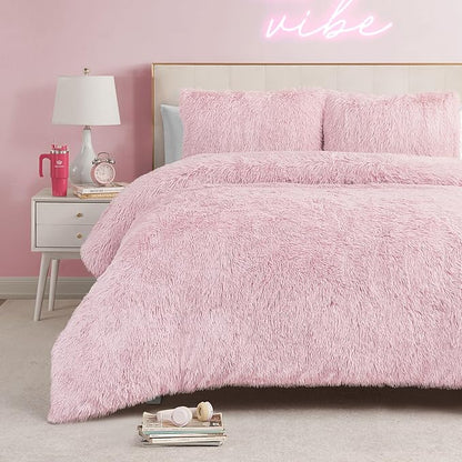 Juicy Couture Shaggy Faux Fur Pink King Comforter Set - Soft and Cozy 3-Piece Machine Washable Bedding Comforter and Sham Set