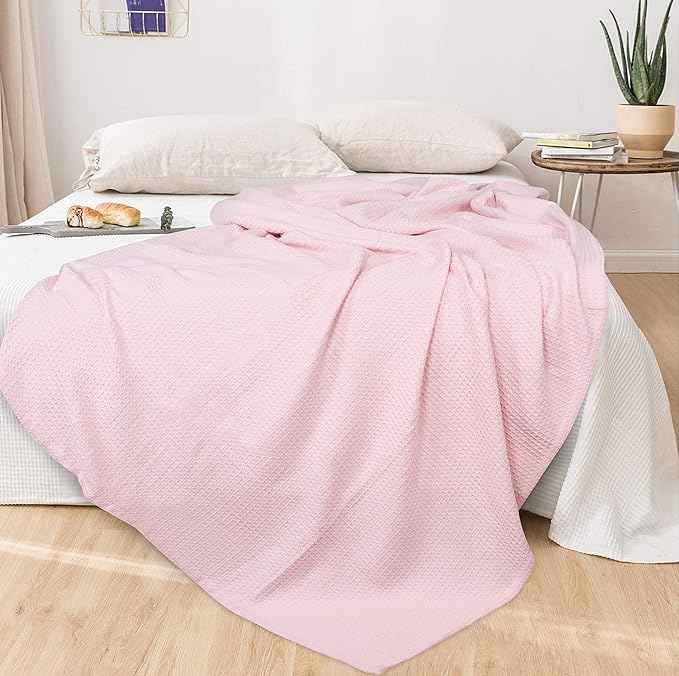 GLAMBURG 100% Cotton Thermal Blanket, Breathable Waffle Blanket, Queen Size, All Season, Baby Pink