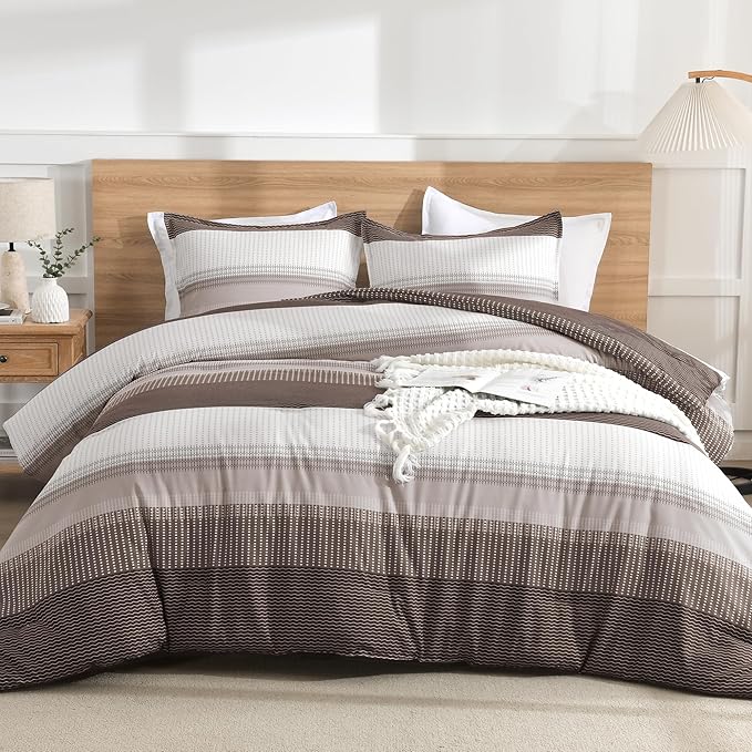 Litanika Comforter Set Full Size Chocolate - 3 Pieces Lightweight Colorblock Stripe Fluffy Bedding Comforter Sets, All Season Bed Set