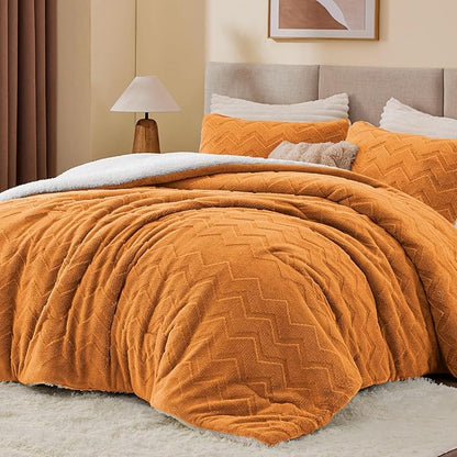 BEDELITE Fluffy King Size Comforter Set - Super Soft Sherpa Burnt Orange Comforter for King Size Bed, Luxury Warm Bedding Set for Winter, Fuzzy Bed Set 3 Pieces (1 Comforter, 2 Pillowcases)