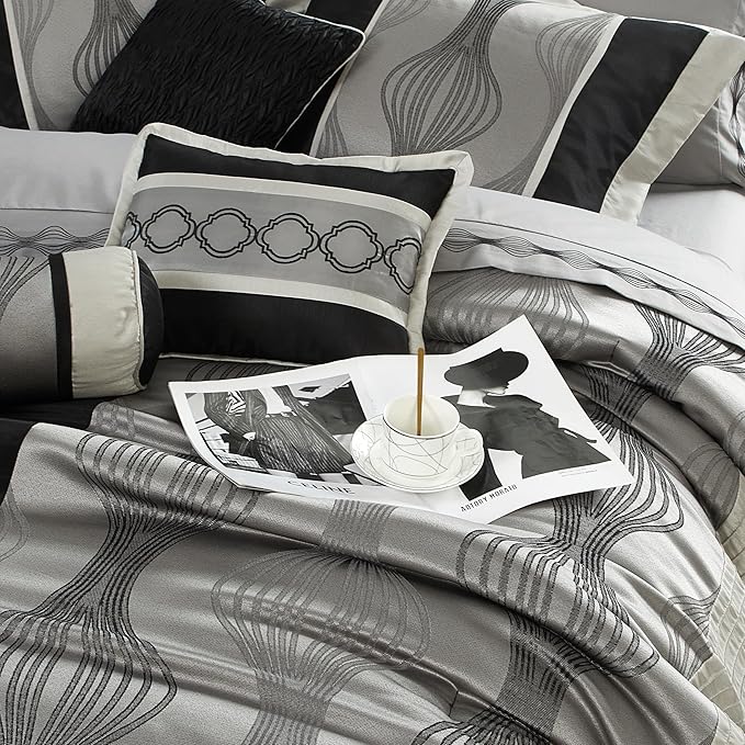 Stratford Park Black and Silver Comforter Set King Size, Elegant 7 Pieces Striped All Season Bedding Set