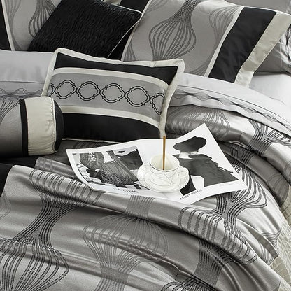 Stratford Park Black and Silver Comforter Set King Size, Elegant 7 Pieces Striped All Season Bedding Set