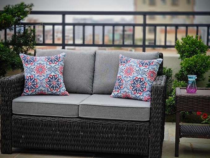 JMGBird Water-Resistant Outdoor Pillows Set of 2, 18x18 inch Durable White with Red Mandala Flower Throw Pillows with Inserts for Patio Furniture