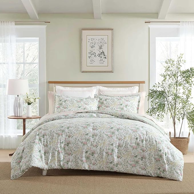 Laura Ashley - King Comforter Set, Super Soft Cotton Bedding with Matching Sham, Botanical Design, Vintage Bed Essentials (Bramble Floral Pink, King)