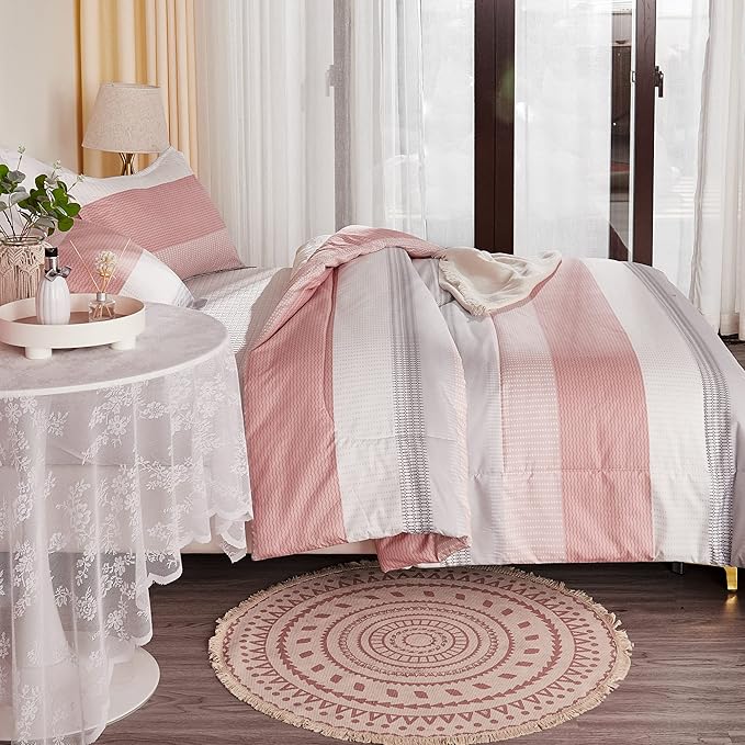 Litanika Pink Comforter Set Queen, 3 Pieces Blush White Colorblock Lightweight Bedding Comforter Set