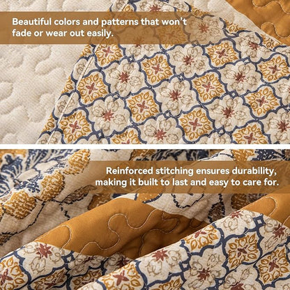 Bohemian Queen Size Quilt Comforter Sets 3 Pieces Quilts (1 Quilt, 2 Pillow Shams) Nordic Bedding Set Printed Coverlet with Pillowcase Lightweight Bedspread Set for All Seasons(Yellow)