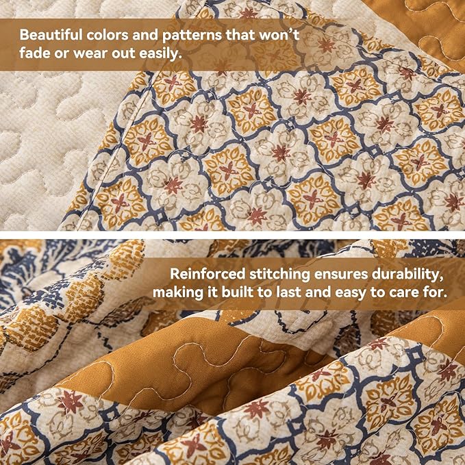 Bohemian Twin Size Comforter Quilt Sets -2 Pieces Red Quilts 100% Cotton(1Quilt,1 Pillow Shams) with Reversible Bedspreads Bohemian Patchwork Bedding Set Sleep Companion(Yellow)