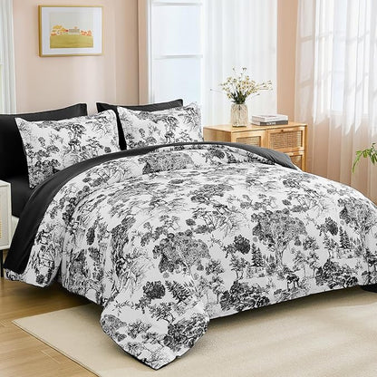 DJY Black Comforter Set Queen, 7 Pieces Black and White Botanical Comforters Queen Size Elegant Plants Print with Sheets Bed in a Bag Soft Microfiber Reversible Complete Bedding Sets for All Season