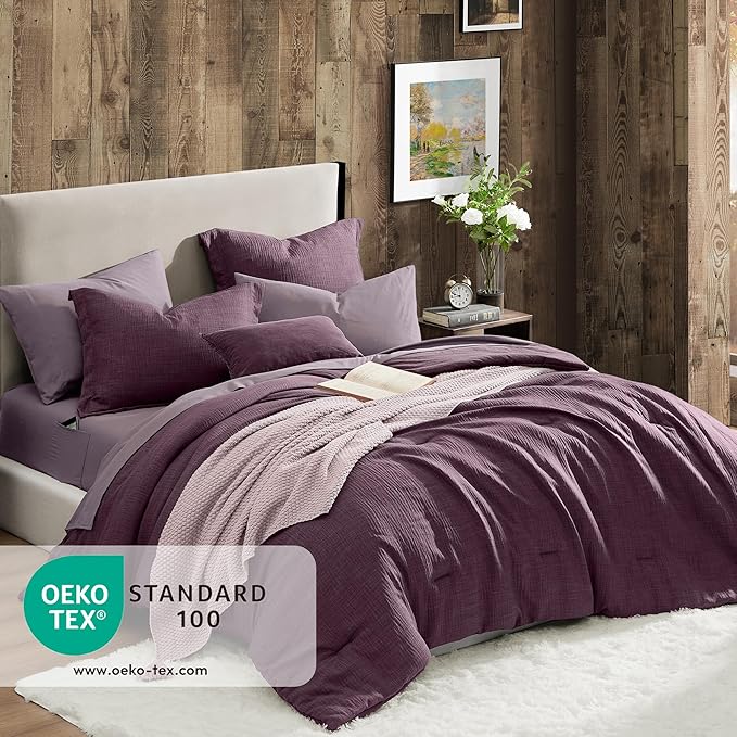 Geniospin Purple King Comforter Set - 7 Pieces Egglant Comforter King Size, Soft Solid Bedding Set for All Season, Textured Bed in a Bag with Sheets