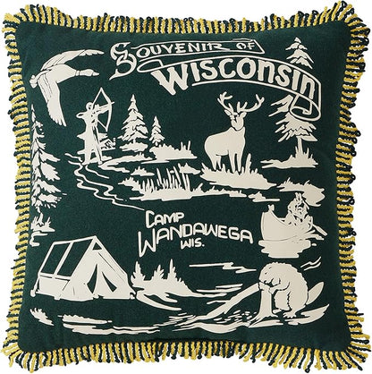 Camp Wandawega Souvenir Fringed Throw Pillow, Vintage Lodge Decorative Pillow, Square 20x20